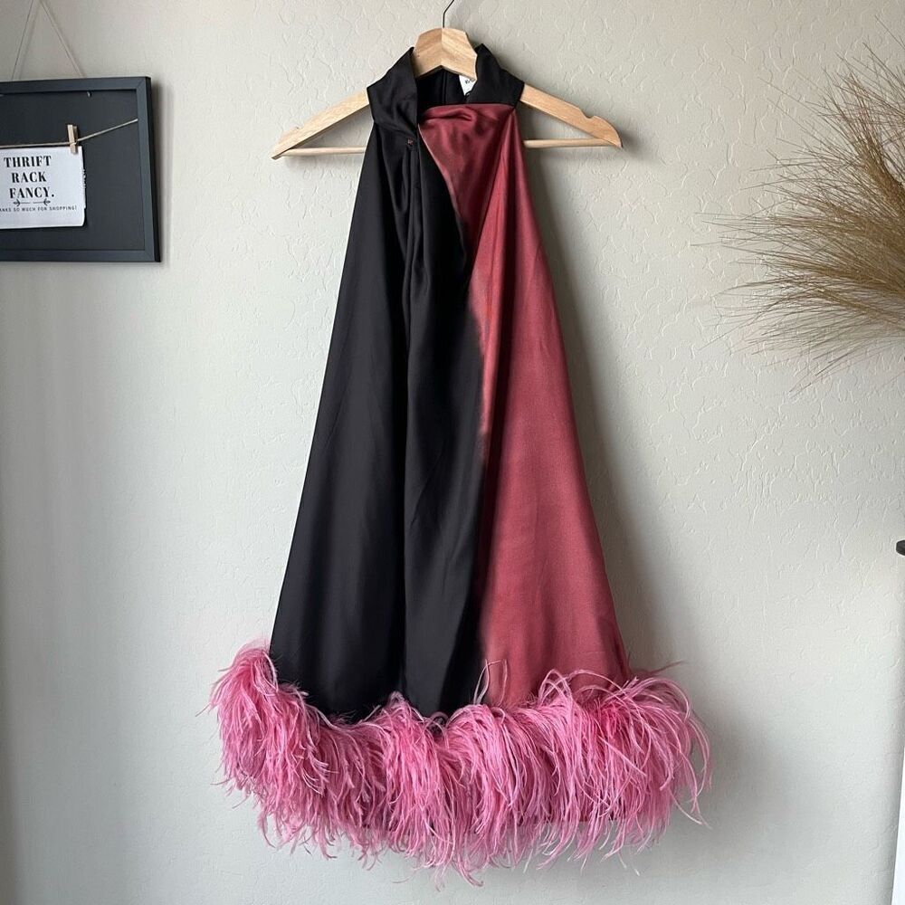 Satin Halter Feather Hem Mini Dress - Black & Rose Pink - Picture 3 of 11